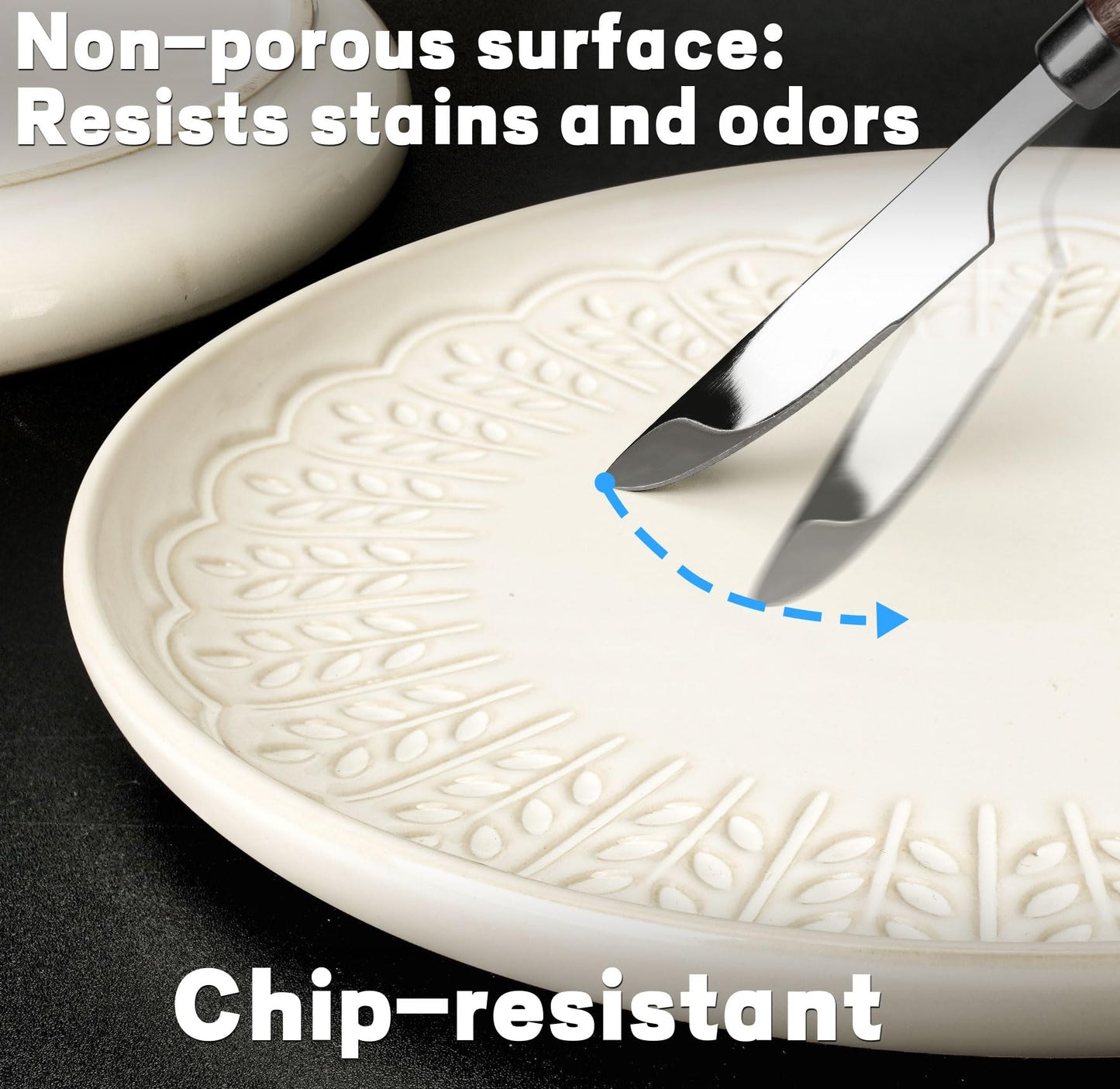 Artena Salad Plates Set Of 4, 8.5 Inch Embossed Ceramic Dinner Plates for Appetizer Dessert, Kitchen Plates With Lipped Edges, Microwave Oven Dishwasher Safe (Wheat Leaf)