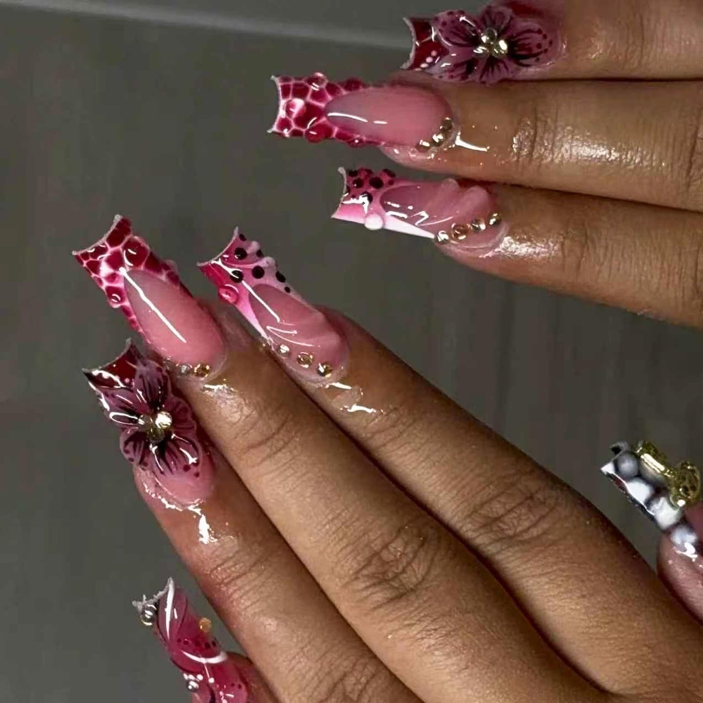 IMRAIN Press on Nails Long Square Fake Nails Pink French Tips False Nails with Crocodile Print Designs Handmade 3D Flower, Rhinestone Glue on Nails