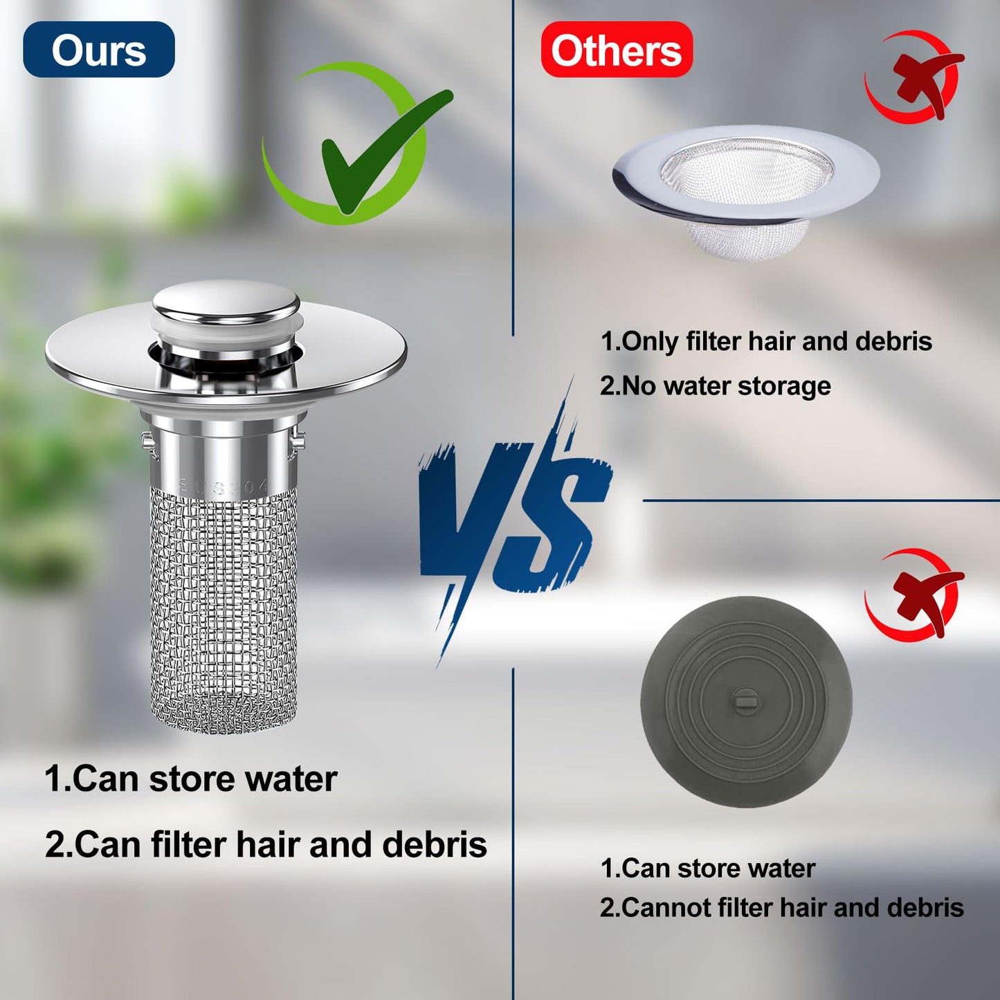 Vakabiu 2024 New Pop Up Bathroom Sink Drain Strainer Hair Catcher, Sink Drain Stopper with Removable Stainless Steel Filter Basket,for US Bathroom Sink Stopper Replacement (2PCS)