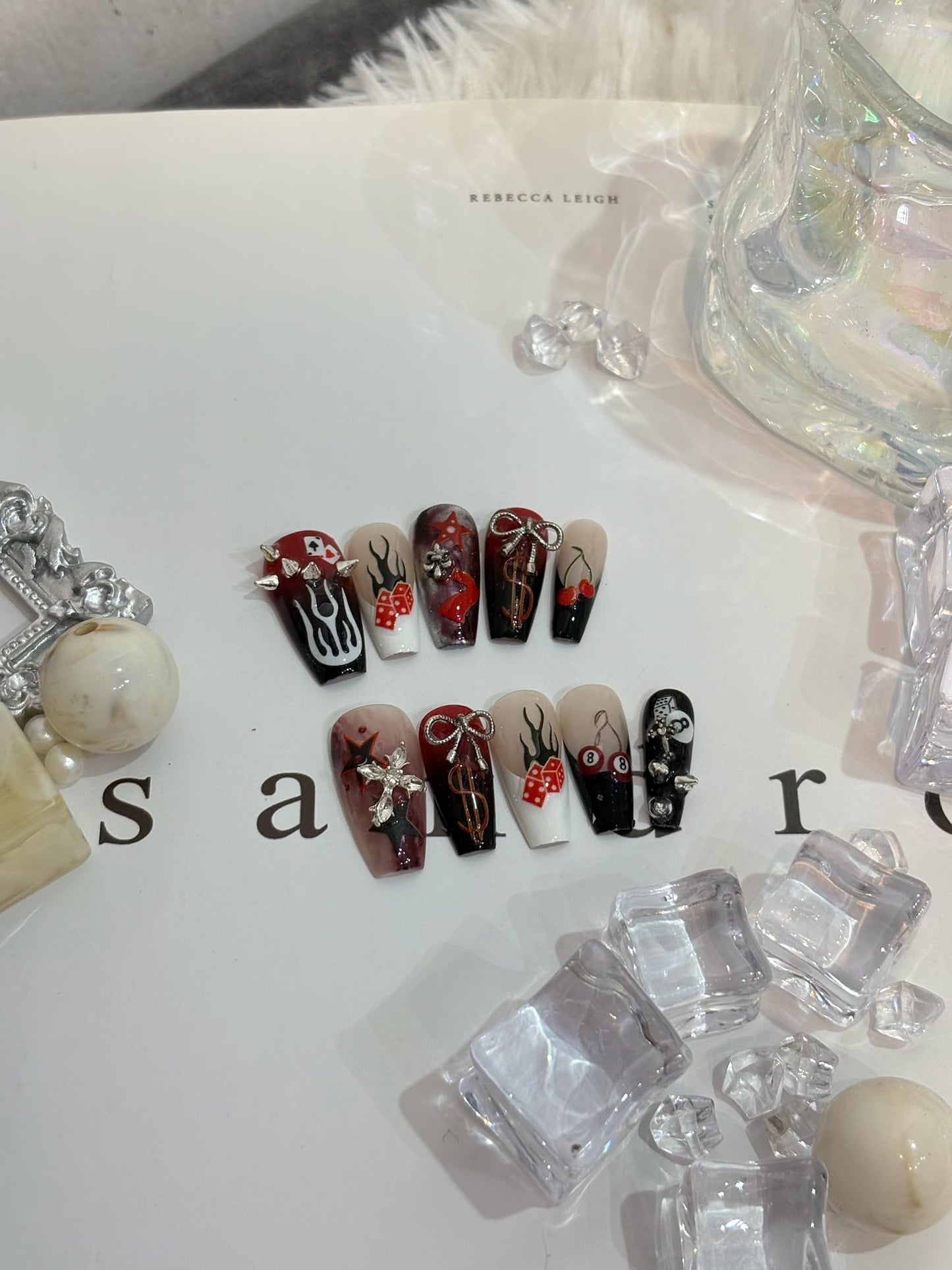 SIMAYKUWA 3D Nail Stickers for Pool & Dice Design - Cartoon Style Press-on Nail Art Decals (2 Sheets) - Cute Textured Manicure DIY Accessories