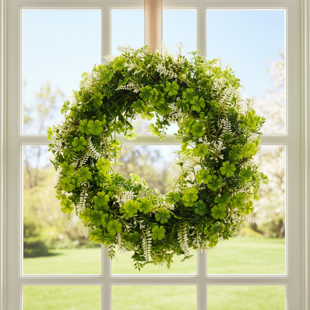 Erizhaltic 20" Artificial Green Leaf Wreath with 10 Detachable Seasonal Signs & Lights - Lush Boxwood Spring Wreath for Front Door, Includes Hanger & Bow - All-in-One DIY Floral Kit Home Decor