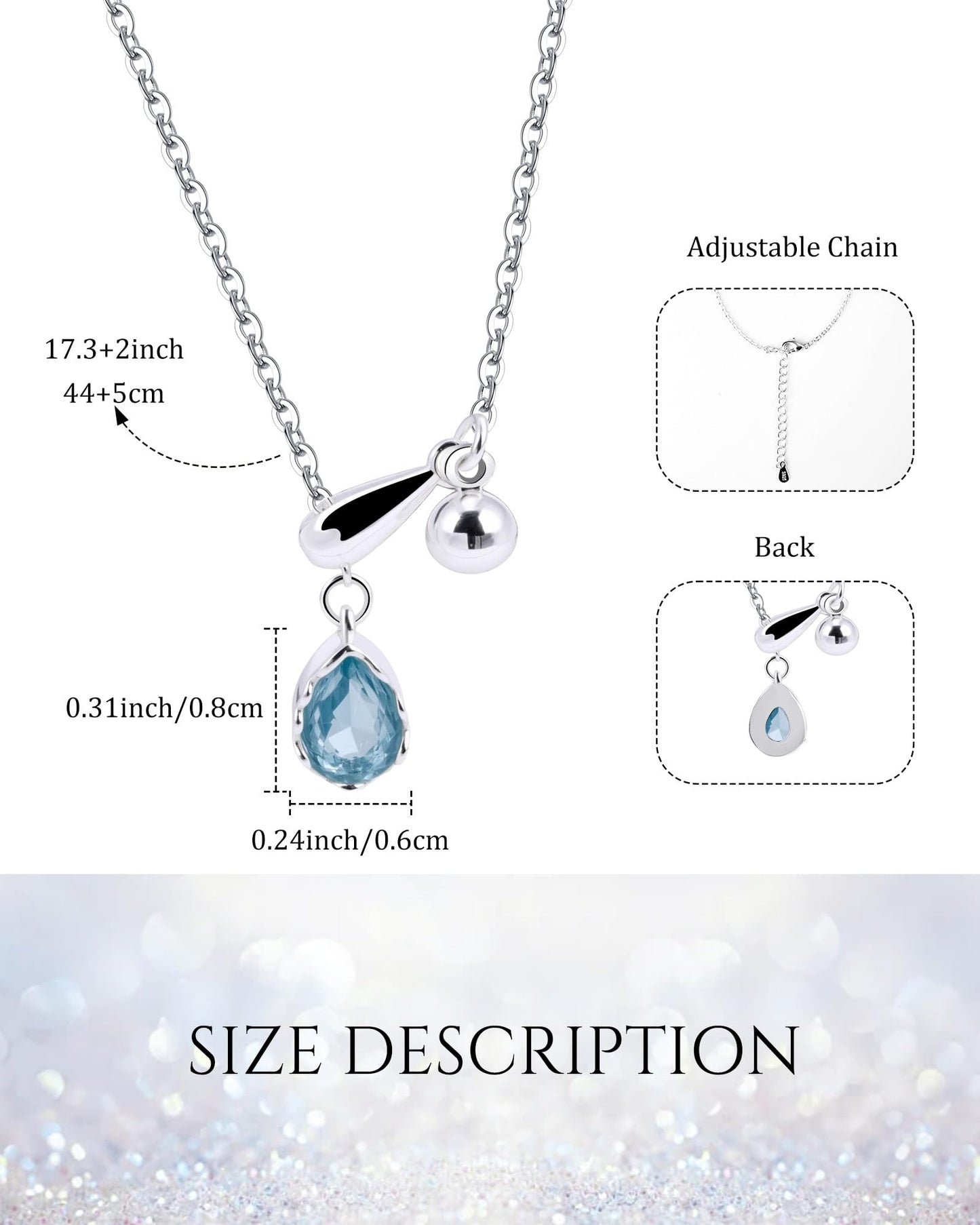 Zikichiky Aquamarine Silver Lariat Necklace for Women-Silver Teardrop Pendant Necklace Slip Chain Light Blue Birthstone Adjustable Jewelry