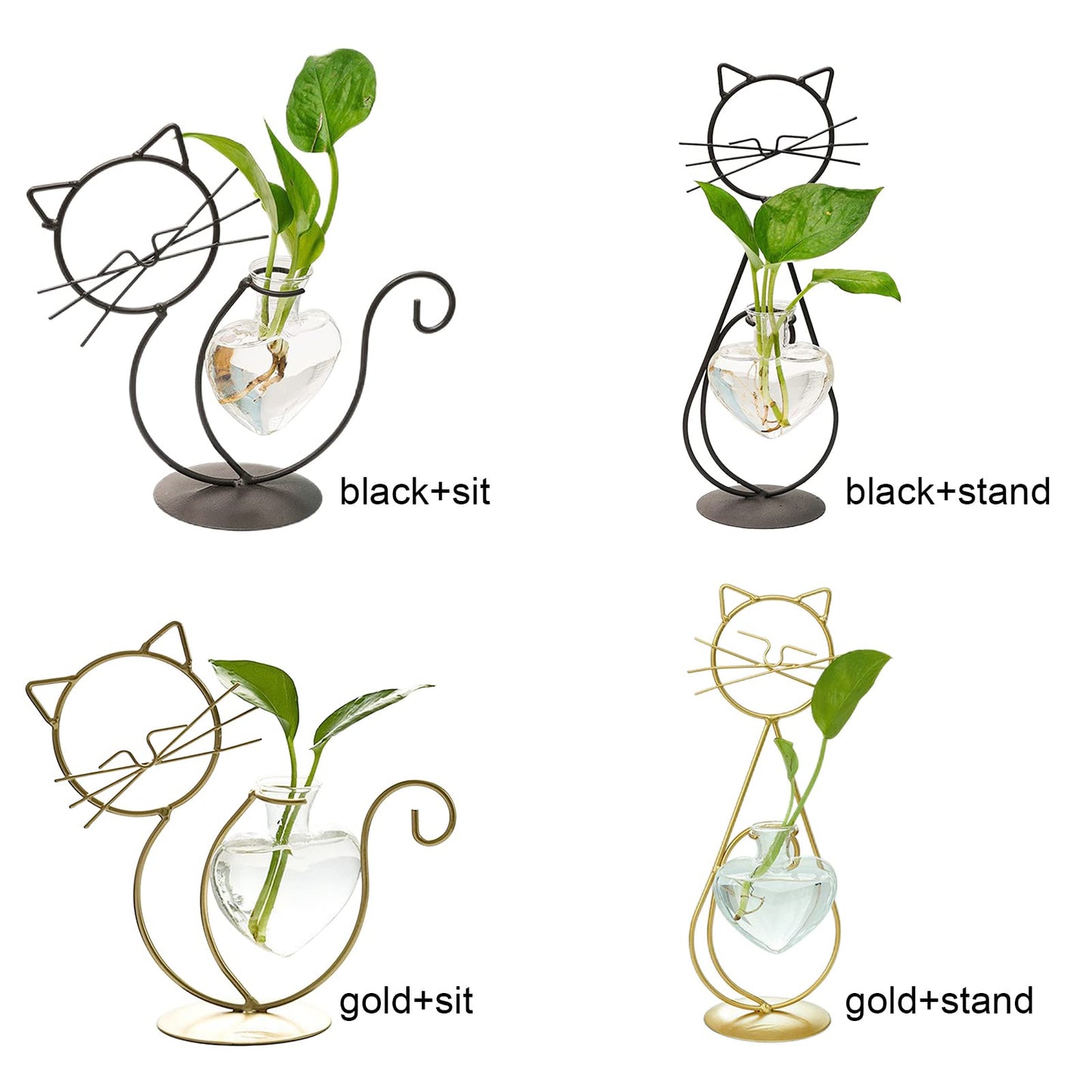 Cat Glass Planter Vase Holder - Plant Terrarium - Simple Cat Iron Flower Ware Hydroponic Flower Arrangement Vase (Sit)