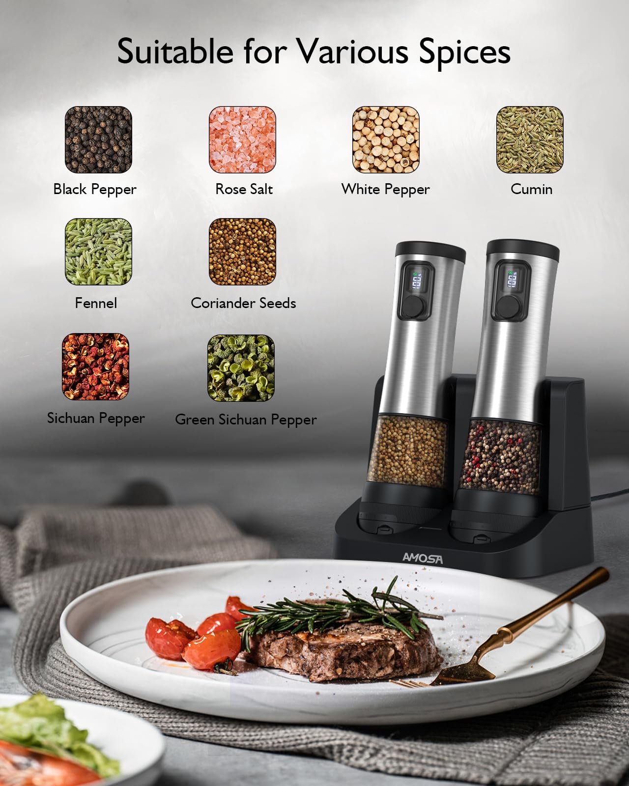 Electric Salt and Pepper Grinder Set, Upgraded 2-Speed Setting, External 5 Adjustable Coarseness, Battery Display Rechargeable Base, Stainless Steel Automatic Salt & Pepper Shakers Mill with LED Light