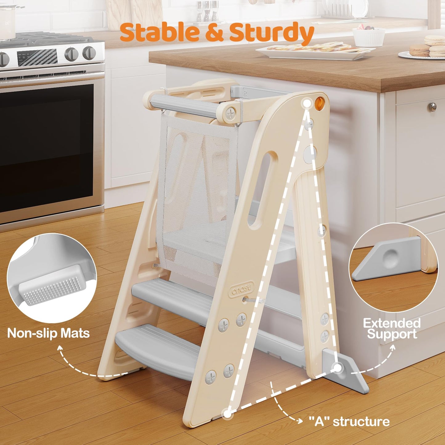 Onasti Foldable Toddler Tower Kitchen Stool Helper, Adjustable Height Learning Standing Tower with Safety Rail, Anti-Slip Steps, Kids Step Stool for Kitchen Counter and Bathroom Sink-Grey