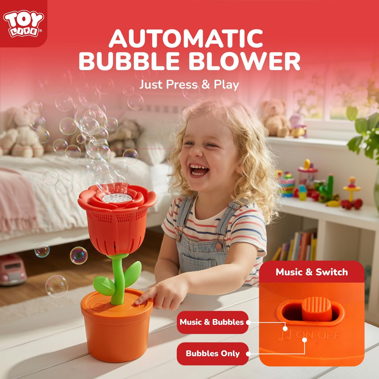 TOY Life Rose Bubble Machine with LED Lights and Music, Automatic Bubble Maker for Indoor Outdoor Birthday Parties, Easter, Wedding, Portable Battery Operated Bubbles Blower Gift for Girls Boys