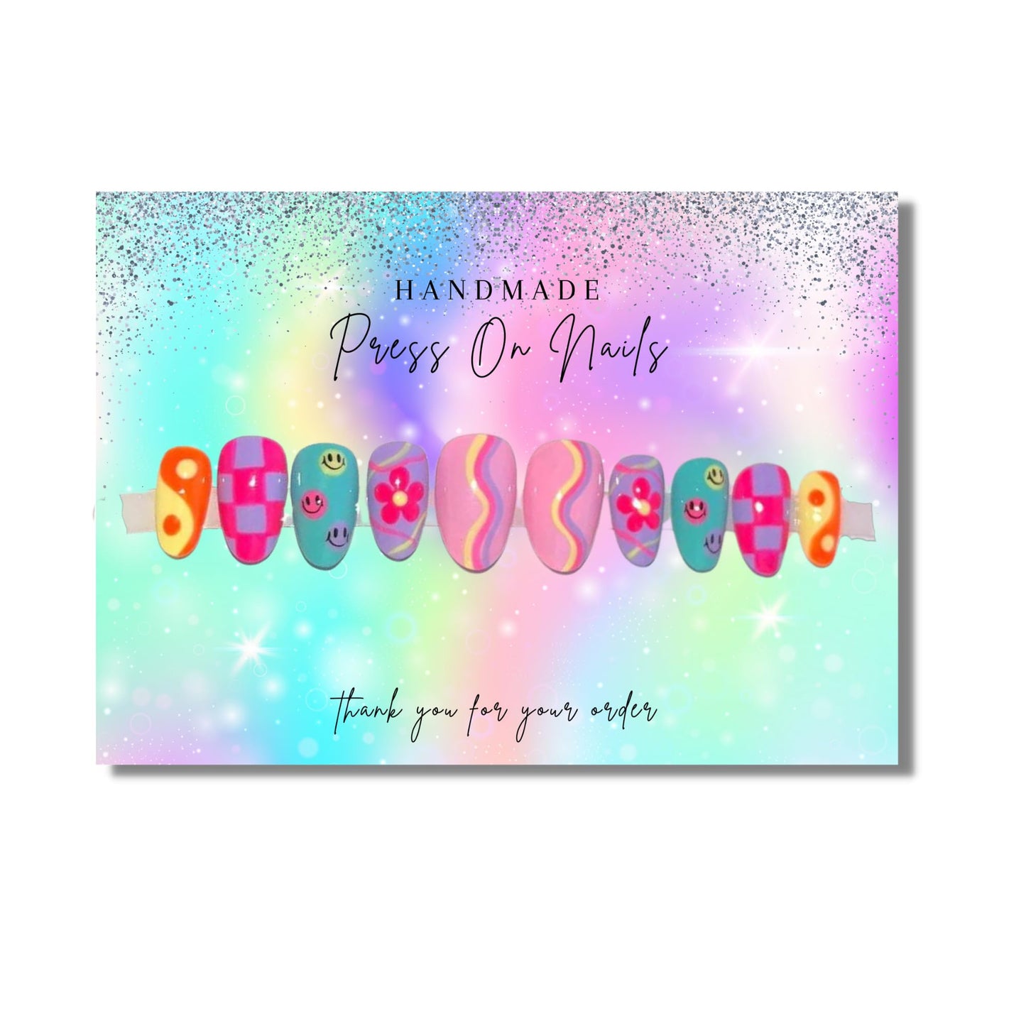 Lashicorn Handmade Press On Nails Display Card | 5x7” 30 pk w/Application Aftercare Instructions - Inserts Add To A Holographic Bags & Can Use With Double Sided Tape