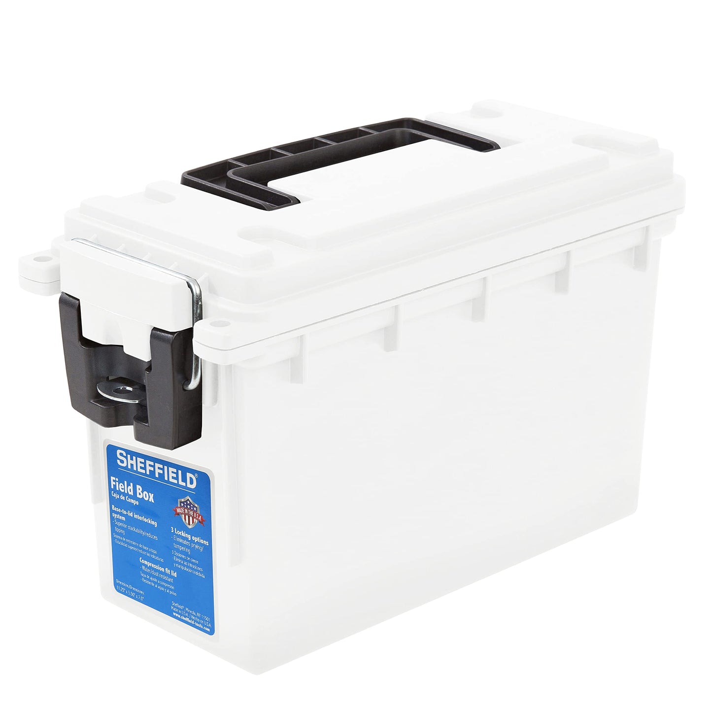 Sheffield 12634 Field Box, Pistol, Rifle, or Shotgun Ammo Storage Box, Tamper-Proof Locking Ammo Can, Water Resistant, Made in The U.S.A, Stackable, White