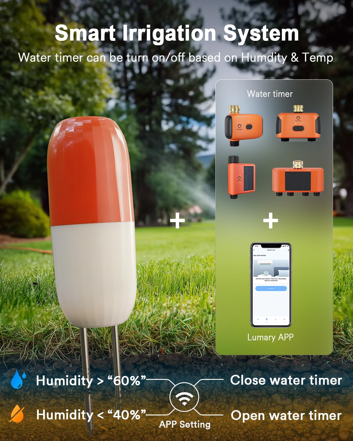 Lumary Wireless WiFi Moisture/Temperature Soil Meter, 2 in 1 Real-time Monitor with App, work with Smart Water Timer, No Need Hub, Hygrometer Sensor For Outdoor IP67, Push Notification Lawn Greenhouse