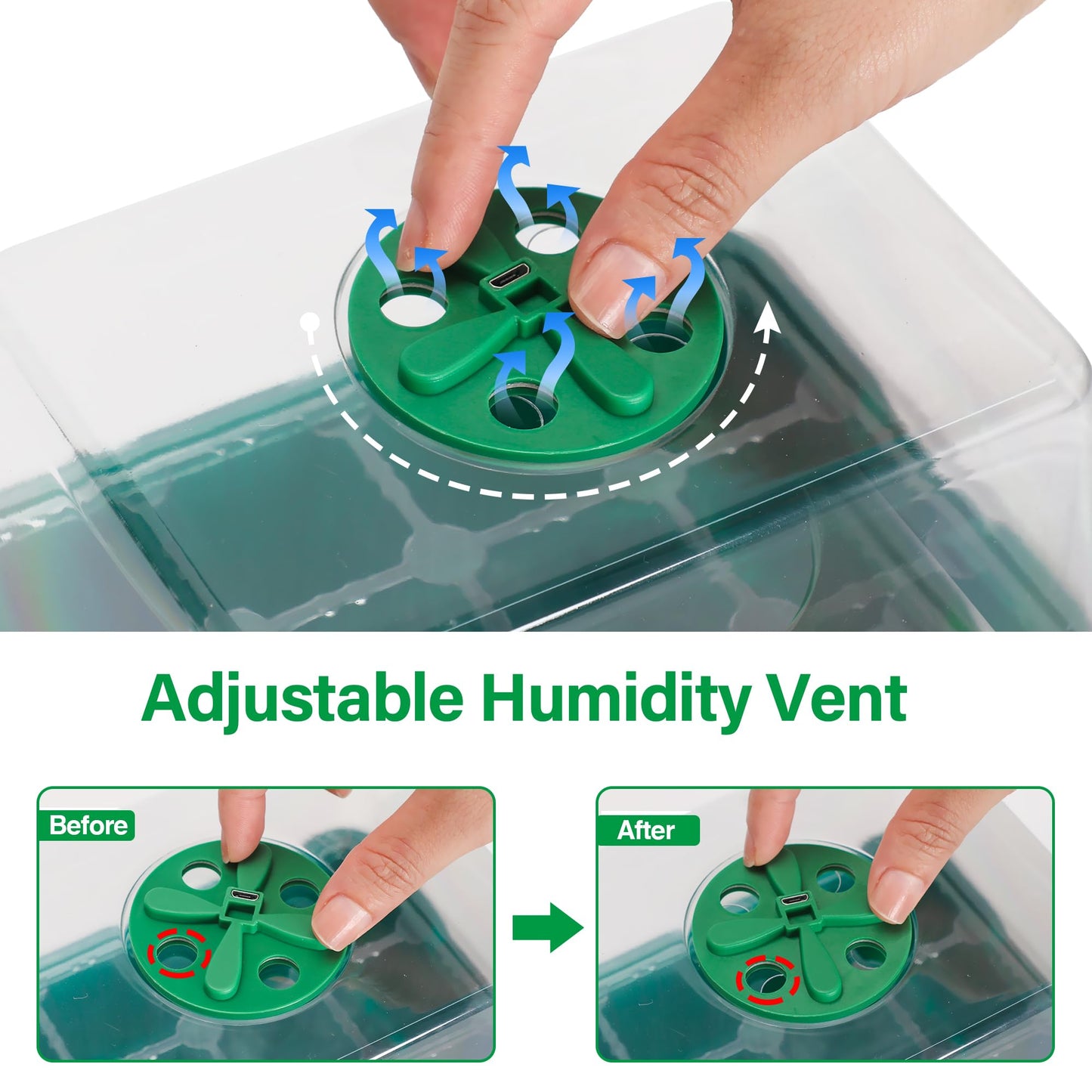 Bonviee 5 Packs Seed Starter Tray with Plant Light, Elevated Seedling Starter Trays Kits with Adjustable Humidity Domes and Clear Cell Tray, 12 Full Spectrum led lamp Beads for Plants Indoor-Green