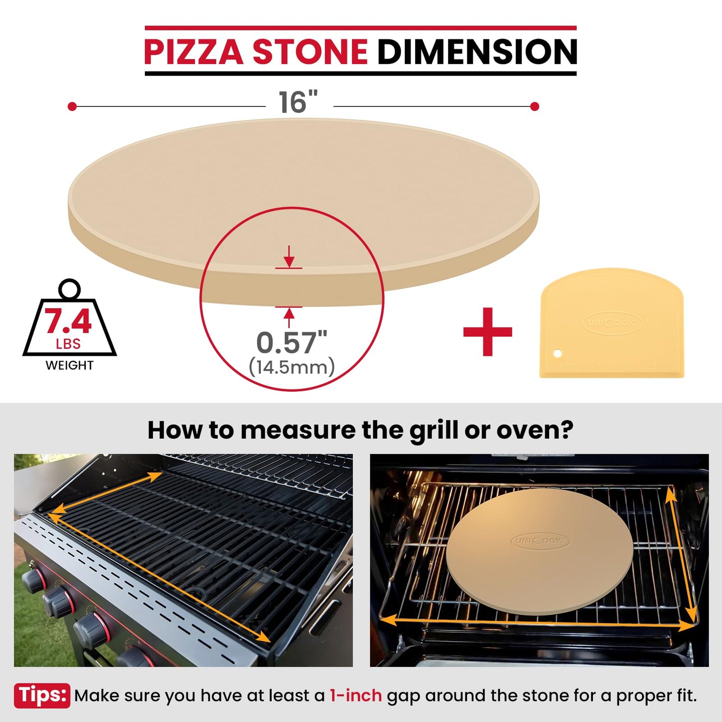 Unicook 16 Inch Round Pizza Stone, Heavy Duty Cordierite Bread Baking Stone for Oven and Grill, Thermal Shock Resistant, Ideal for Baking Crisp Crust Pizza, Bread and More, Includes Scraper