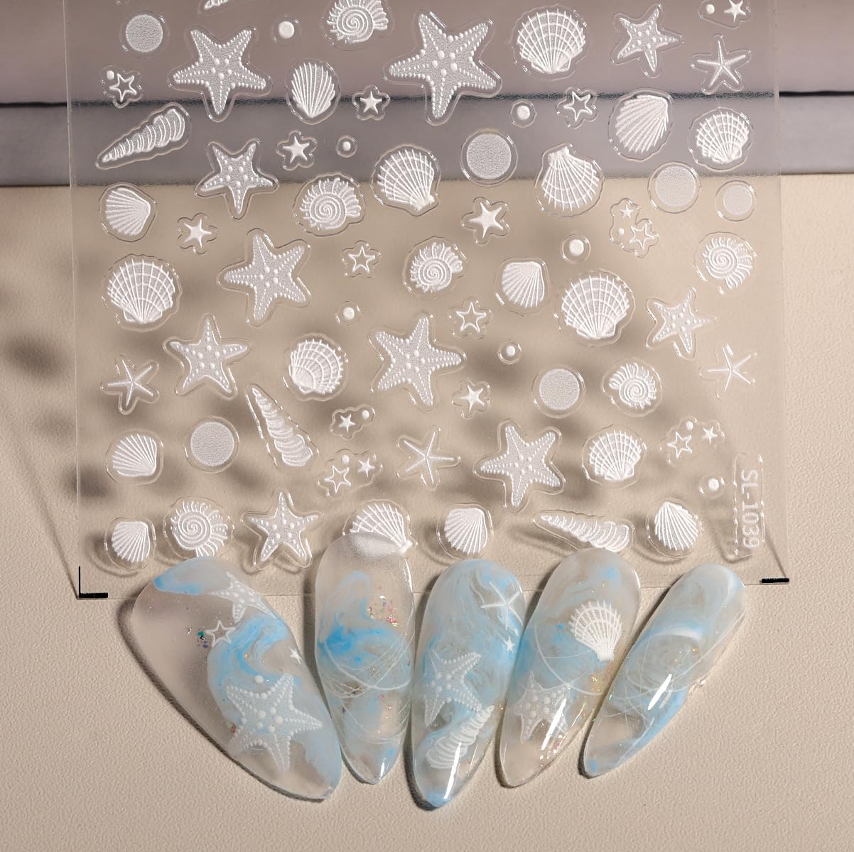 SIMAYKUWA Summer Ocean Style 5D Embossed Dream Shell Starfish Jellyfish Beach Nail Stickers - DIY Nail Art Decorations for Summer Vacation A Set of 3 Sheets