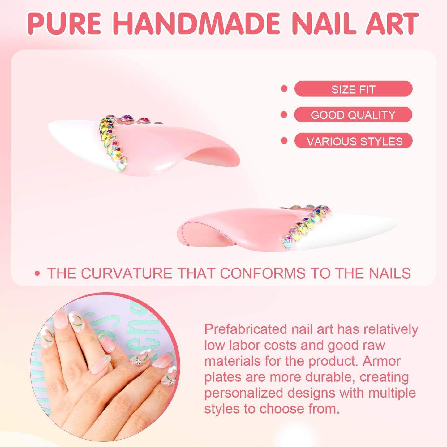 Yabonica Handmade Press On Nails Short - Acrylic Fake Nails with Charm Design,10Pcs Nail Press Ons with Glue for Woman Girls (003, S)