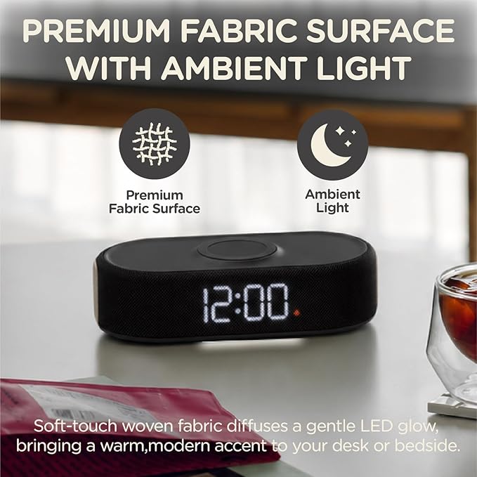 Fabric Digital Alarm Clock for Bedroom, Wireless Charging, Beige