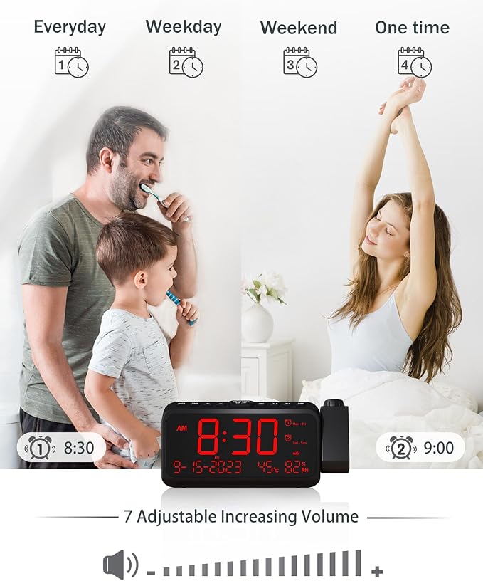Roxicosly Projection Alarm Clock for Bedroom Ceiling, 118 dB Super Loud for Heavy Sleepers, Plug in Dual Alarm with Weekday/Weekend, 6.7" Large Dimmable Display with Day Date Indoor Temp Humidity