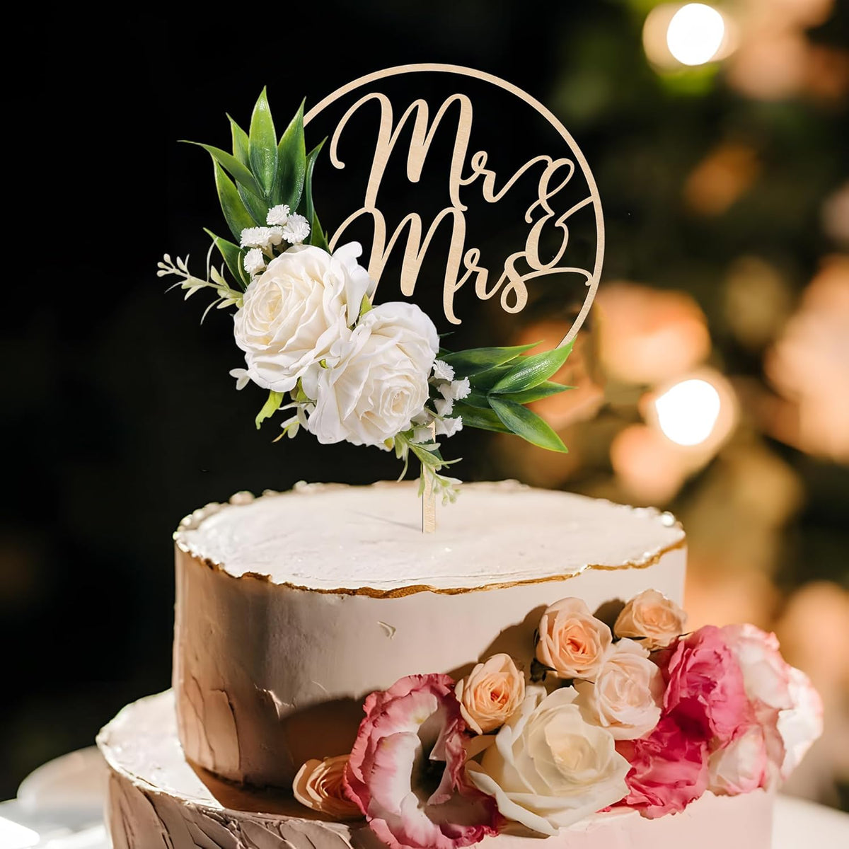 Mr & Mrs Wedding Cake Topper with 3D Artificial White Flowers and Green Leaves Wooden Cake Decoration for Wedding 3D White Roses