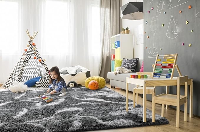 TWINNIS Super Soft Shaggy Rugs Fluffy Carpets, 6x9 Feet, Indoor Modern Plush Area Rugs for Living, Bed Room Kids Room Nursery Home Decor, Upgrade Anti-Skid Rectangular Fuzzy Rug, Black Grey