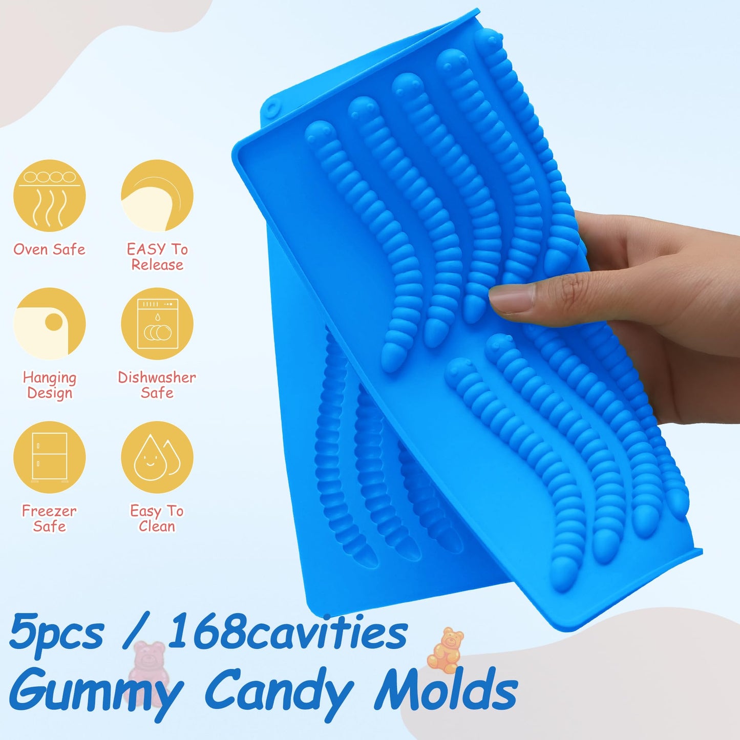 Sidosir 7Pcs Silicone Gummy Bear Molds, Non-Stick Worm Chocolate Mold for Parties, Gummy Heart for Home DIY, Silicone Dinasur Mold for Make Gummies