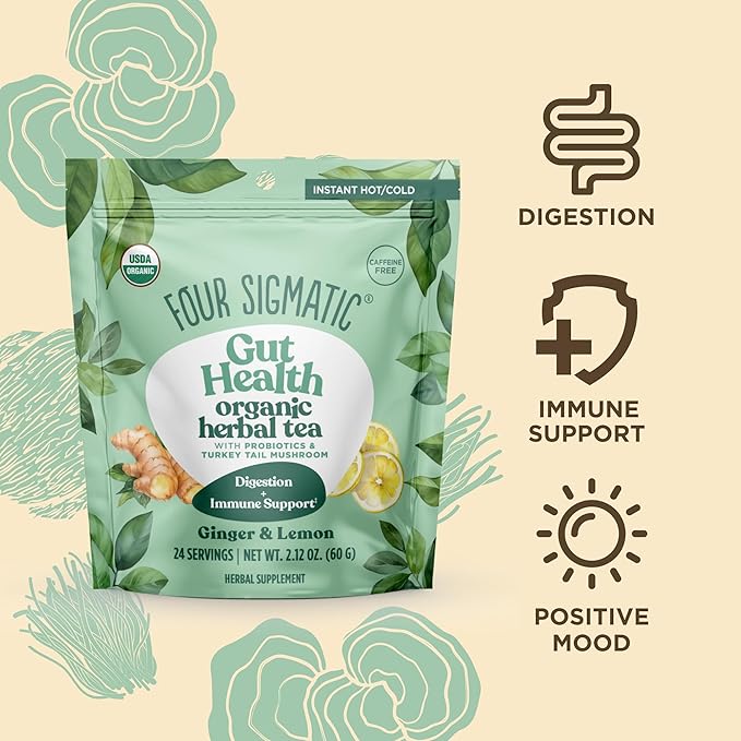 Four Sigmatic Gut Health Organic Herbal Tea | Organic Lemon Ginger Tea with Probiotics & Turkey Tail Mushroom | Instant Digestive Tea | Vegan, Gluten-Free | Lemon Ginger, 24 Servings