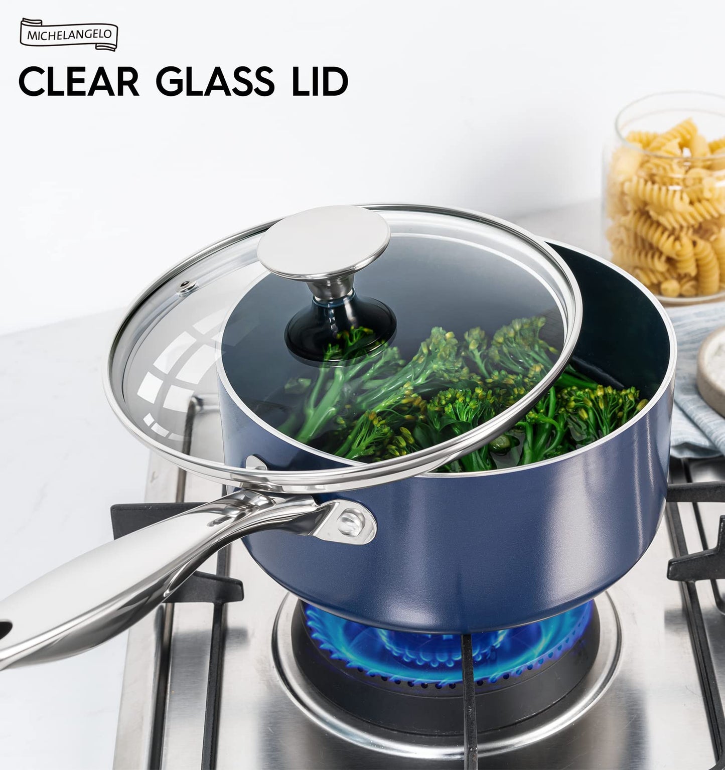 MICHELANGELO 4 Quart Saucepan with Lid, Nonstick Ceramic Sauce Pan with Stainless Steel Handle, 4 Qt Saucepan with Lid Induction Compatible, Oven Safe, Blue
