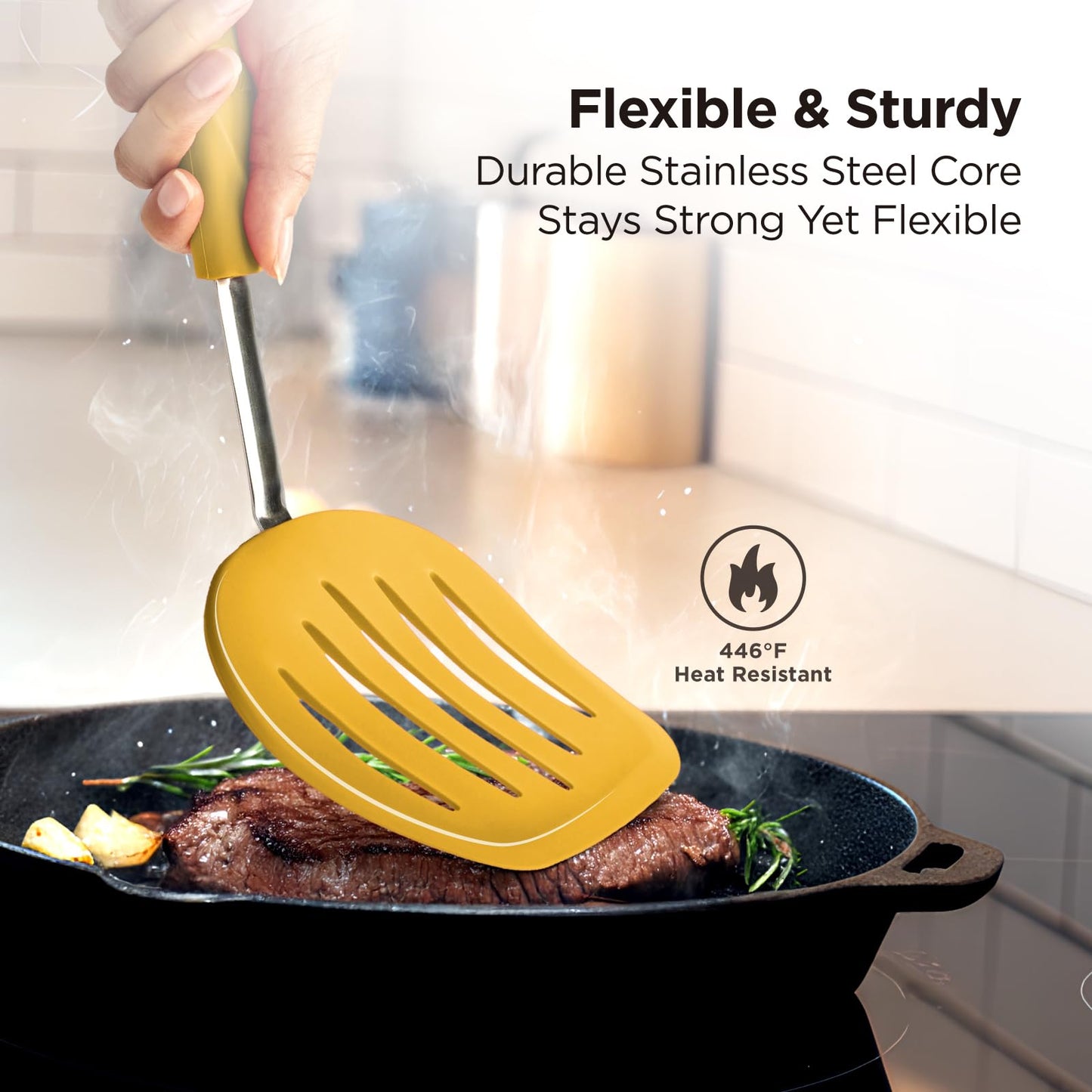 Kitchen Mama WaltzGrip Platinum Silicone Pancake Spatula Turner: Heat-Resistant, Slotted Tapered Head, Stainless Steel Core, Durable, Dishwasher-Safe, Ideal for Flipping and Wok Use (Yellow)
