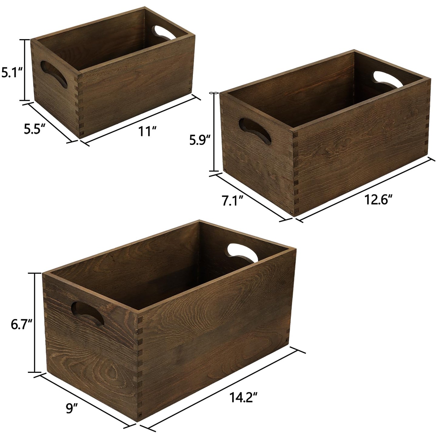 Hedume Set of 3 Nesting Wooden Crates, Wood Crate Box with Handle, Rustic Brown Decorative Wood Storage Crates Container, Stackable Cube Basket Bins Organizer for Home, Office, Closet, Shelf