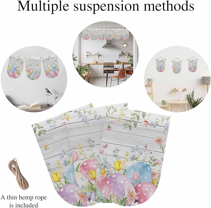 Easter Eggs Banner 3Pcs Indoor Outdoor Hanging Banner Flag Spring Daisy Eucalyptus Leaves Gray Wooden Sign for Fireplace Mantel Decorative Bunting Garland Valance for Shop Door Mantle Decor 9.8"x15.8"