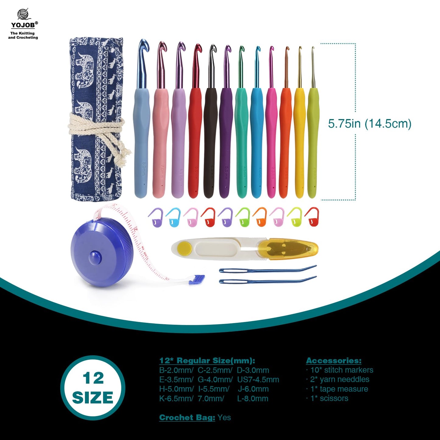 YOJOB Crochet Hooks Set (12 Sizes), Super Smooth 2.0mm-8.0mm Ergonomic Soft Grip Crochet Needle Kit with Accessories and Crochet Case