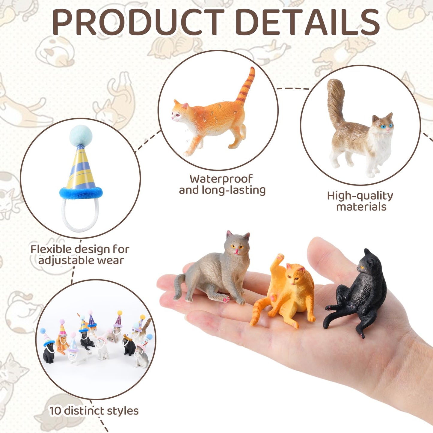 FCKLVMC 20 Pcs Miniature Cat Figurines with Birthday Hats Kit, Resin Tiny Cat Figurines Cake Toppers for Birthday Cat Cake Party Decorations