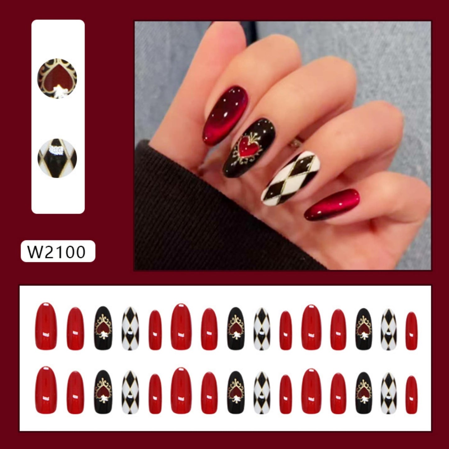 Almond Press on Nails Medium Fake Nails Red Artificial Nail Seeneey Heart Love Poker Stick on Nail for Women 30pcs
