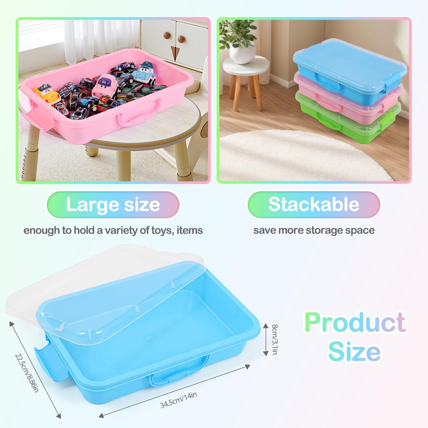 FIIOEOY 3 Pcs Sensory Bin Sand Tray with Lid & 3 Stickers, Stackable Plastic Storage Containers, Portable Sandbox Toy, Organizers for Toys, Sand, Arts, Crafts (Blue, Green, Pink)