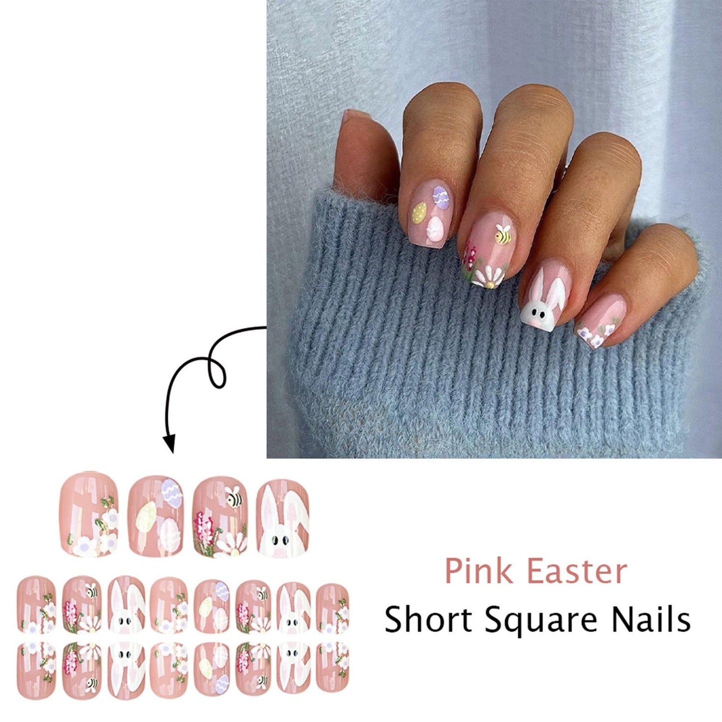 Easter Press on Nails Short Square Fake Nails with Cartoon Easter Bunny Eggs Design Glossy Pink Nail Press ons Cute Flower Bee False Nails Spring Summer Glue on Nails for Women 24Pcs