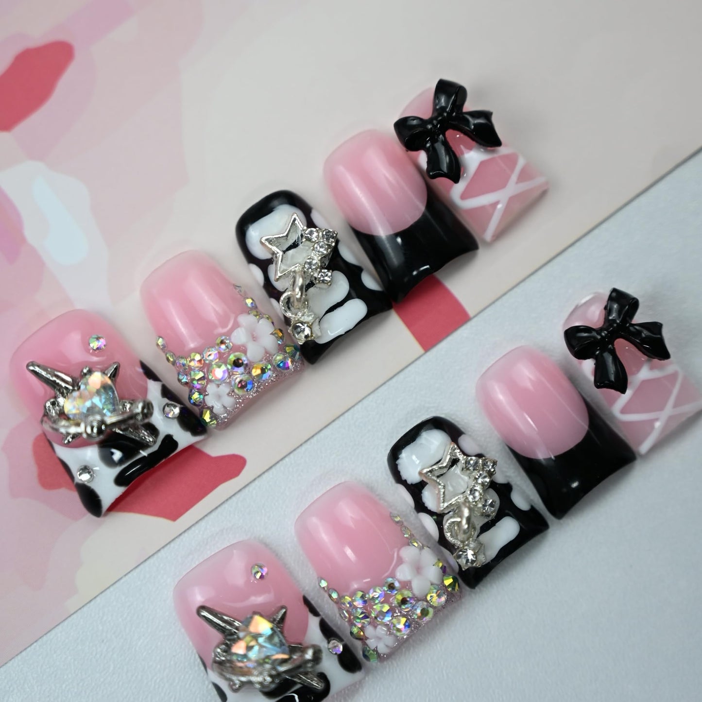 IntoVibes Handmade Short Duck Press On Nails, Black Ballet Ribbons And Y2K, 10 Pieces Reusable Acrylic False Nails, Size Medium