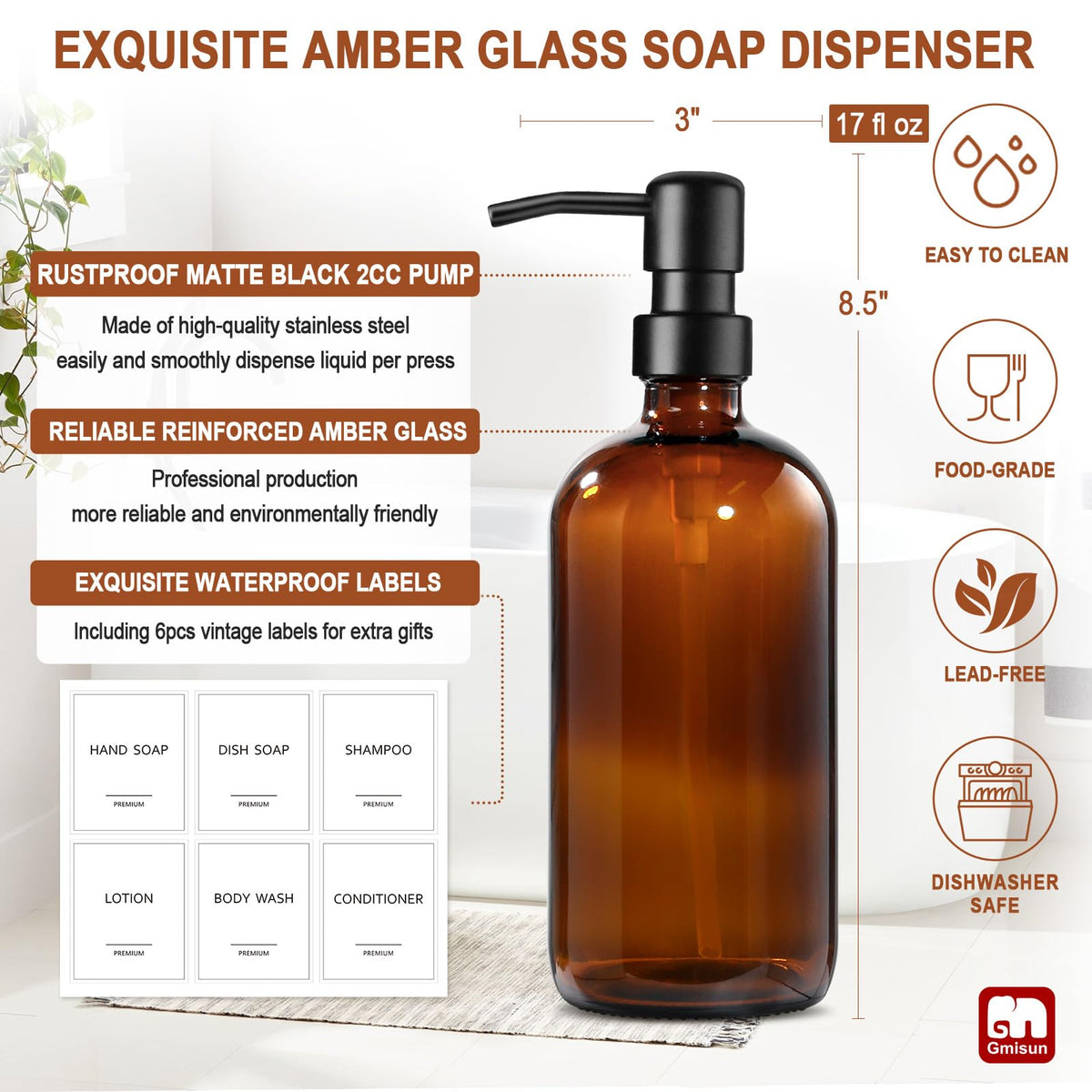 Amber Glass Soap Dispenser (6 Count)