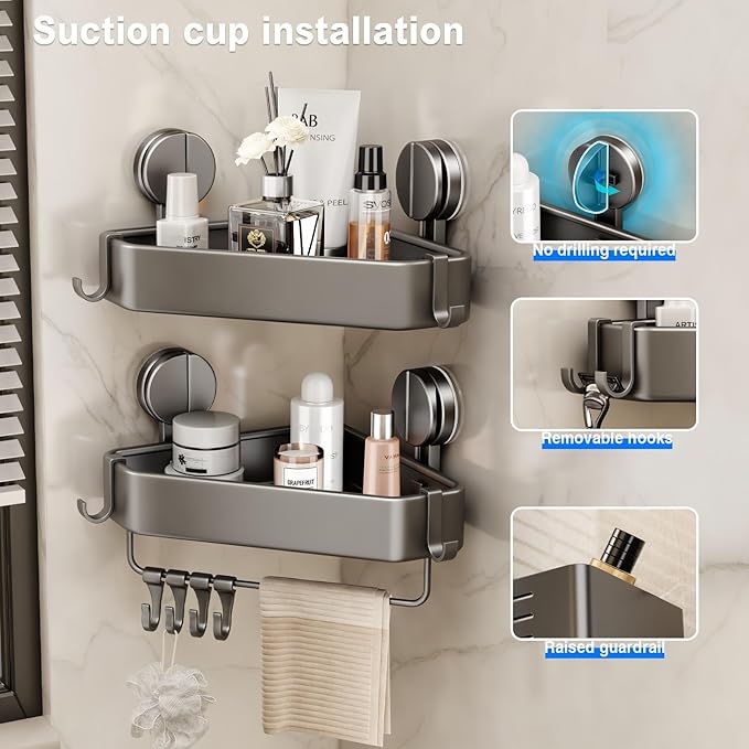 Suction Cup Shower Caddy Corner, 2 Pack Suction Corner Shower Shelves No Drilling, Rustproof Shower Organizer Suction Cup with Towel Holder & Hooks Removable Bathroom Storage Rack(Gray)
