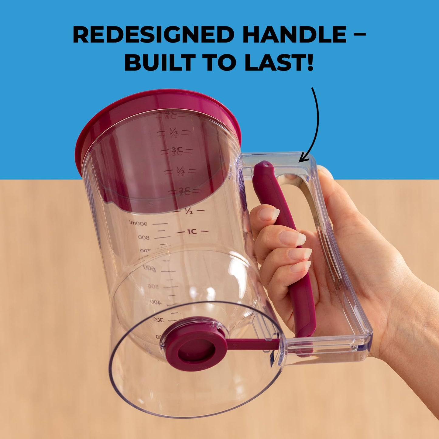 KPKitchen Pancake Batter Dispenser - Kitchen Must Have Tool for Perfect Pancakes, Cupcake, Waffle, Muffin Mix, Cake & Crepe - Baking Supplies for Griddle - Pancake Maker with Measuring Label (Purple)