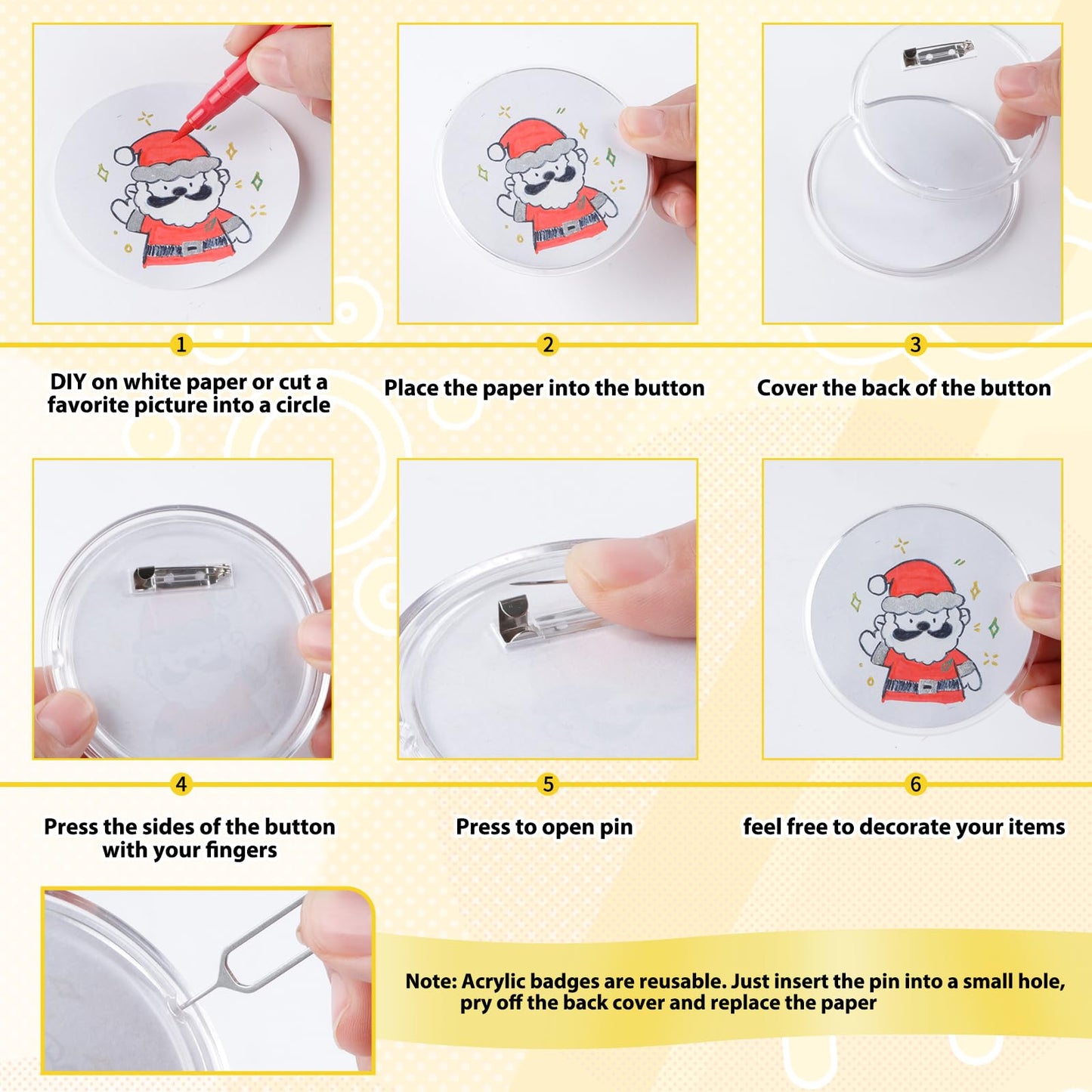Happizza 25pcs Acrylic Clear Button Pins,2.76 Inch Custom Pin Badges, DIY Blank Buttons Pins,Round Photo Buttons Personalized Button Making kit for Craft