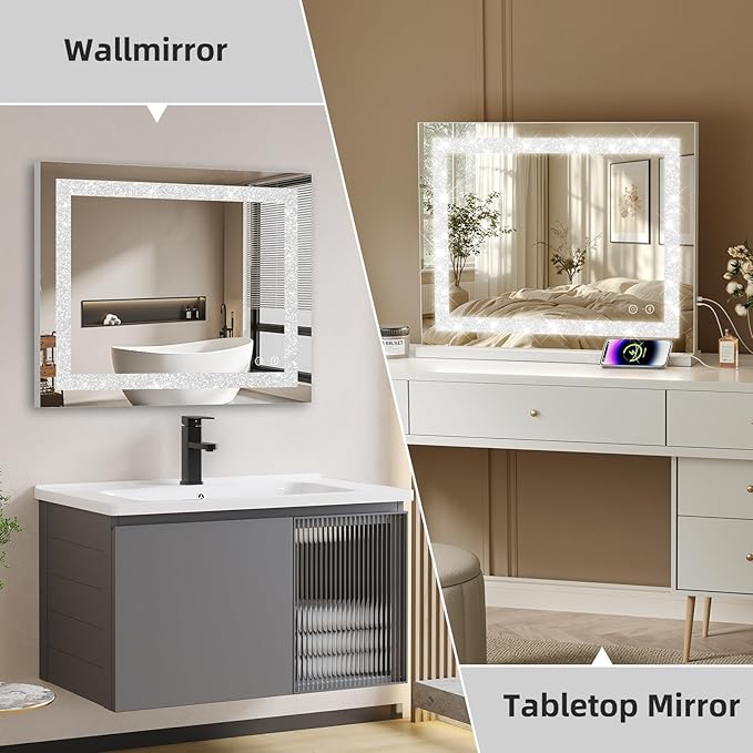 Fenair Vanity Mirror with Lights and Bluetooth Speaker 22.8* 18.1’ Hollywood Mirror with Crystal Light Strip Makeup Mirror, 3 Color LED Mirror USB Charging Port, 10X Magnification, Smart Touch, White