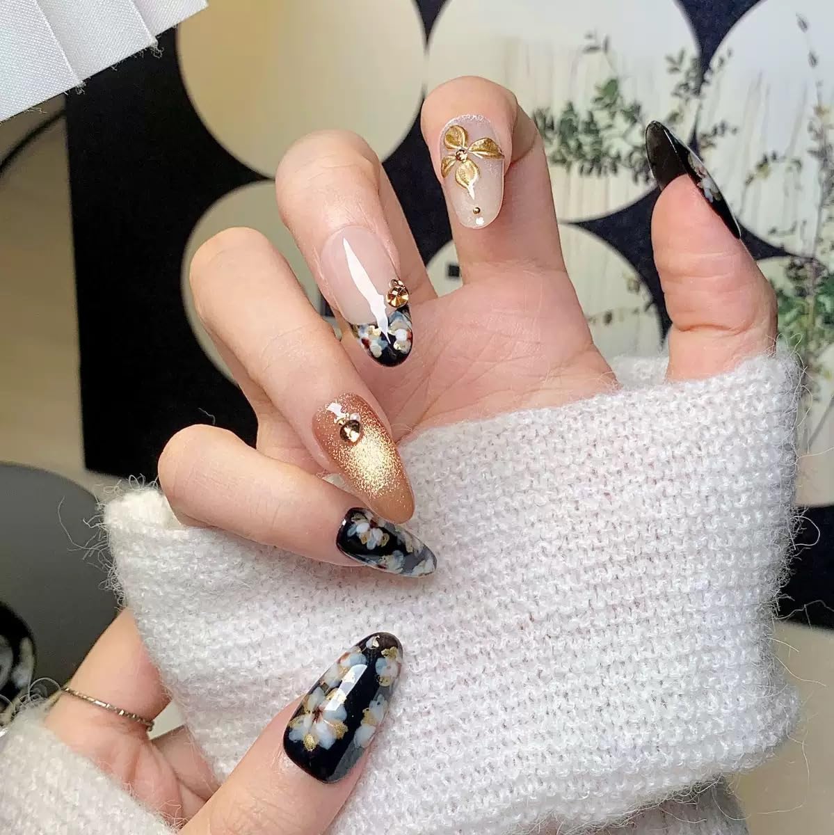 Medium Press on Almond Nails - Handmade Fake Nails with Flower Design - Black, Gold, Glossy False Nails for Women (Size L)