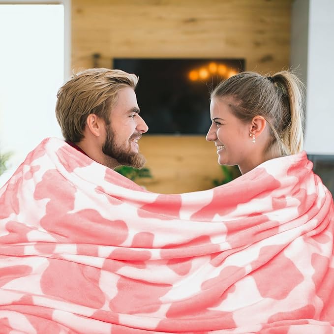 Strawberry Pink Fleece Blanket - Cute Soft Cow Print Throw for Bedroom Decor - Lightweight Warm Fuzzy All-Season Use 50"x60"