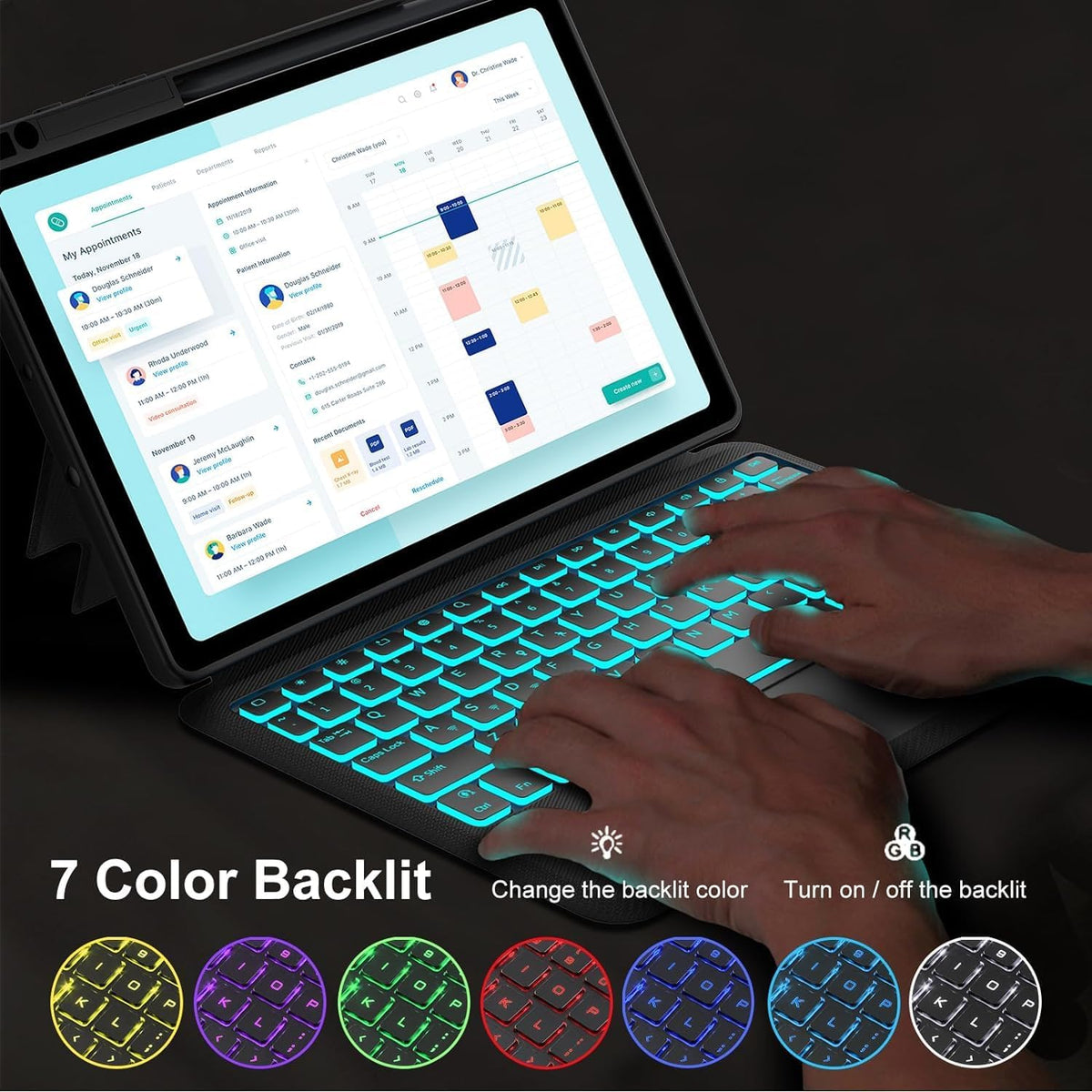 Touch for iPad 9th/8th/7th Generation Case with Keyboard 10.2 Inch, Multi-Touch Trackpad, 7 Color Backlit, Detachable Magnetic Folio Cover with Pencil Holder for iPad Air 3rd Gen/iPad Pro 10.5" Black