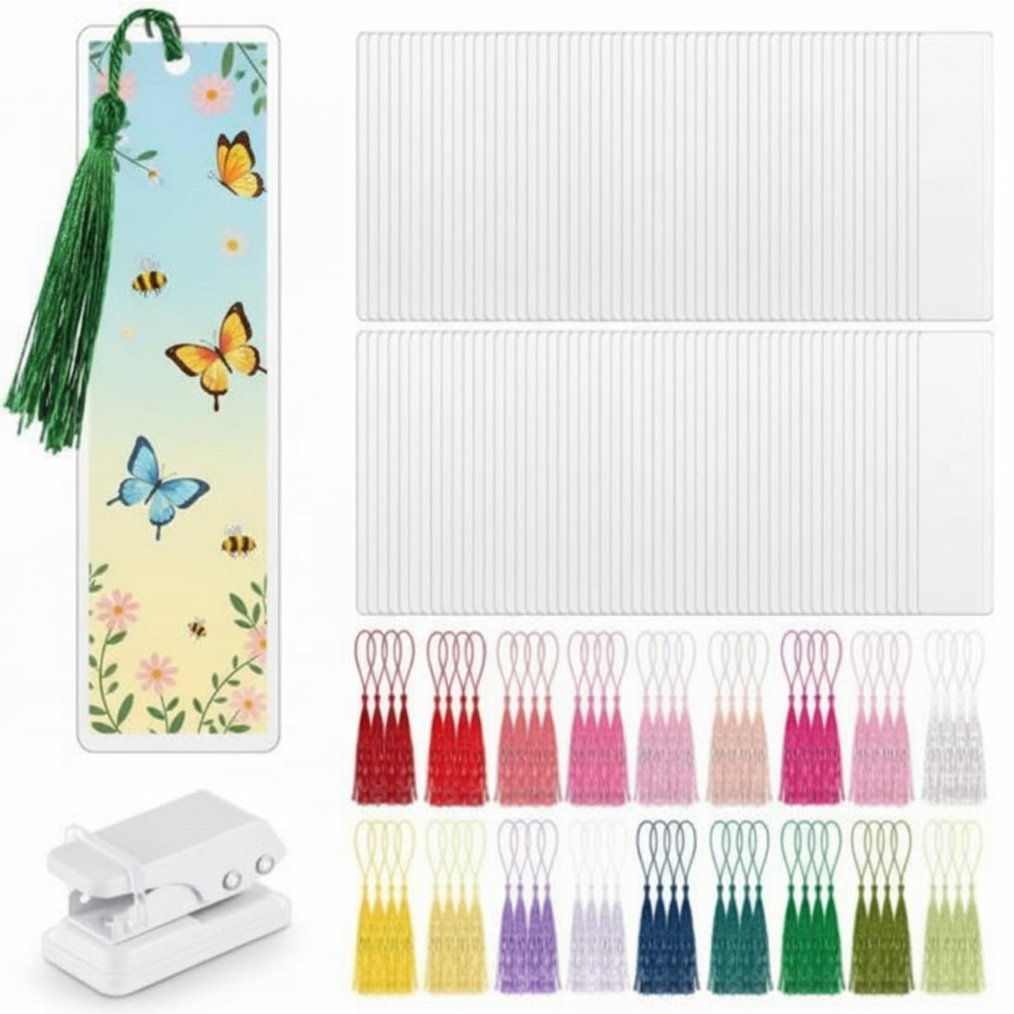 Fuyoooo 101 Pcs DIY Bookmark Making Kit Bookmark Laminating Pouches 5 Mil Hot Laminator Sleeves with Rainbow Tassels and Puncher Fit Most Pouch Laminating Machines Easter Gift(2.36 x 7.87 Inch)