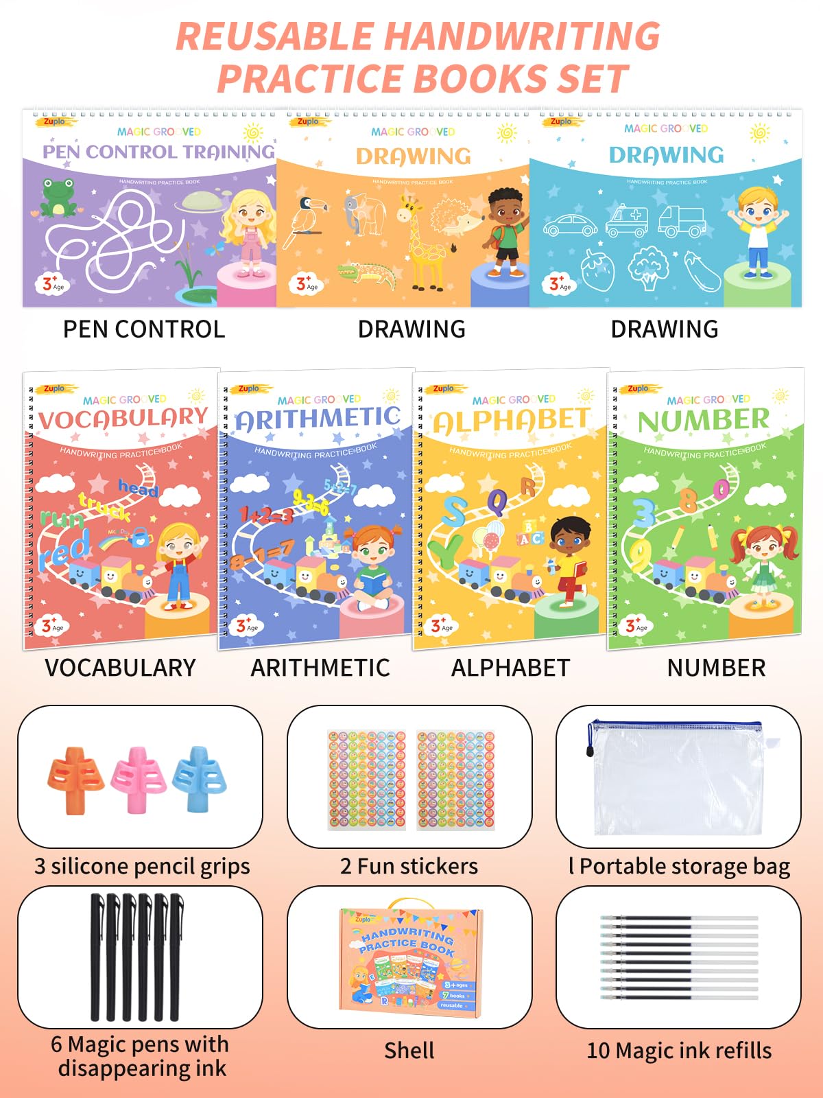 Zuplo Magic Grooved Writing Practice for Kids Ages 3-8, Reusable Handwriting Workbooks for Preschool Learning, Letters Numbers Math & Drawing Tracing Books with Disappearing Ink Pens, Educational Gift