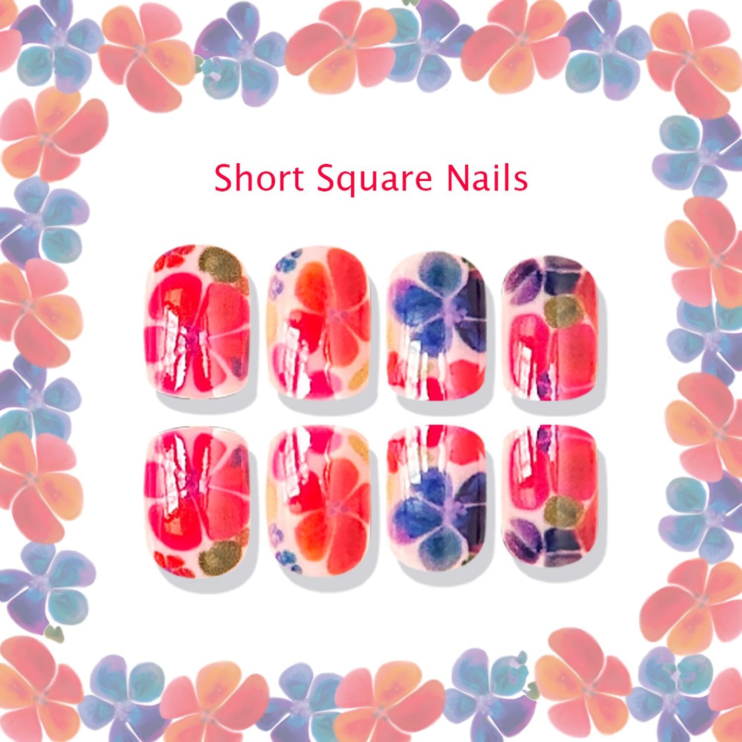 Press on Nails Almond Nails Colourful Flower Design Short Press Ons Nude Pink Fake Nails Exter Short Press on Nail Glossy False Nailsr for Women Reusable Acrylic Nails 24 Pcs