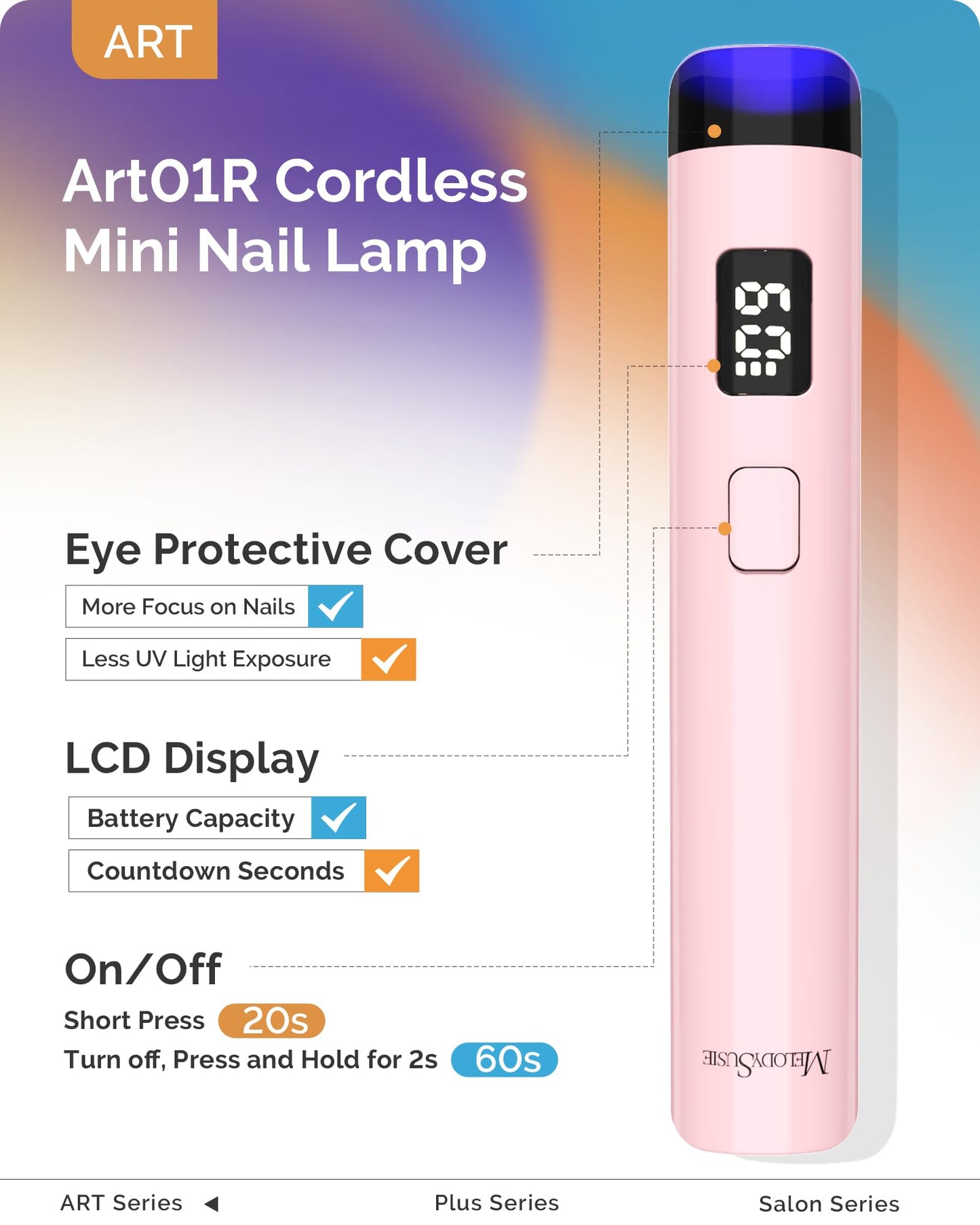 MelodySusie Handheld Cordless UV Nail Lamp with LCD Display & Eye-Protection Cover, P-Art01R Rechargeable Mini UV LED Light Flash Cures All Soft Gels, Especially Rhinestone Glue & Liner Gel Pink
