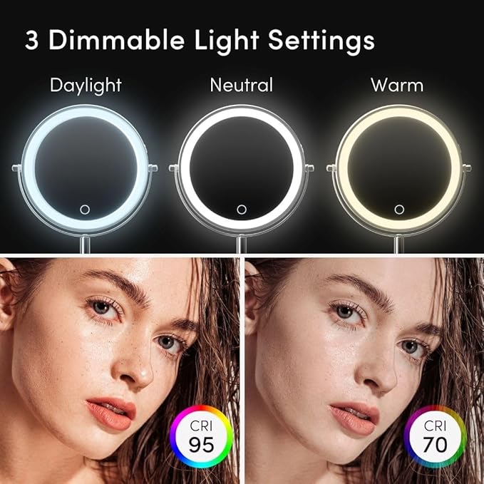 Fancii 9-Inch Lighted Makeup Mirror Height Adjustable with 10X /1X Magnification - Rechargeable, Double Sided LED Vanity Mirror with Light and Stand, 360° Swivel (Hailey)
