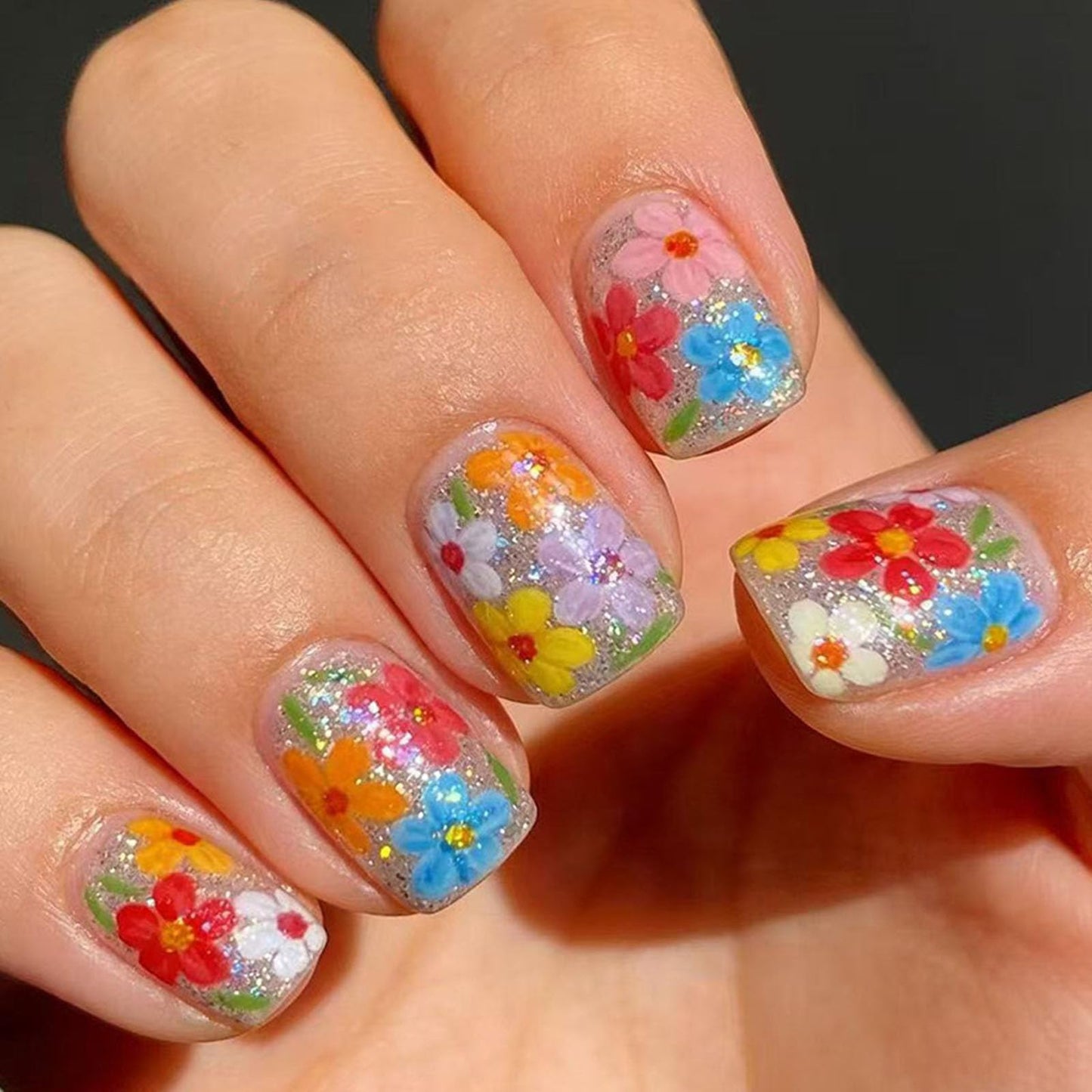 Square Press on Nails Short Fake Nails with Glitter Flower Designs Nails Press ons Colorful Glue on Nails Glossy Acrylic Nails Cute False Nails Spring Summer Stick on Nails for Women 24Pcs
