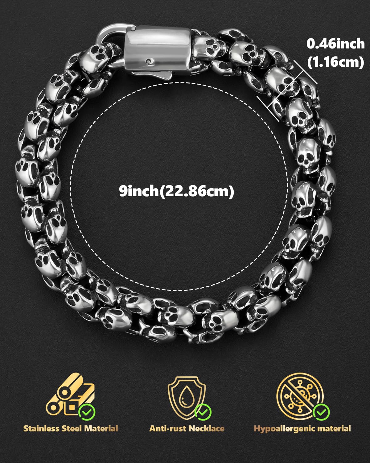 LuxGoth Stainless Steel Skull Heavy Cuban Link Chain Bracelet Gothic Punk Rock Biker Viking Vintage Link Curb Bracelet Jewelry for Men Silver GTS-B8B44701