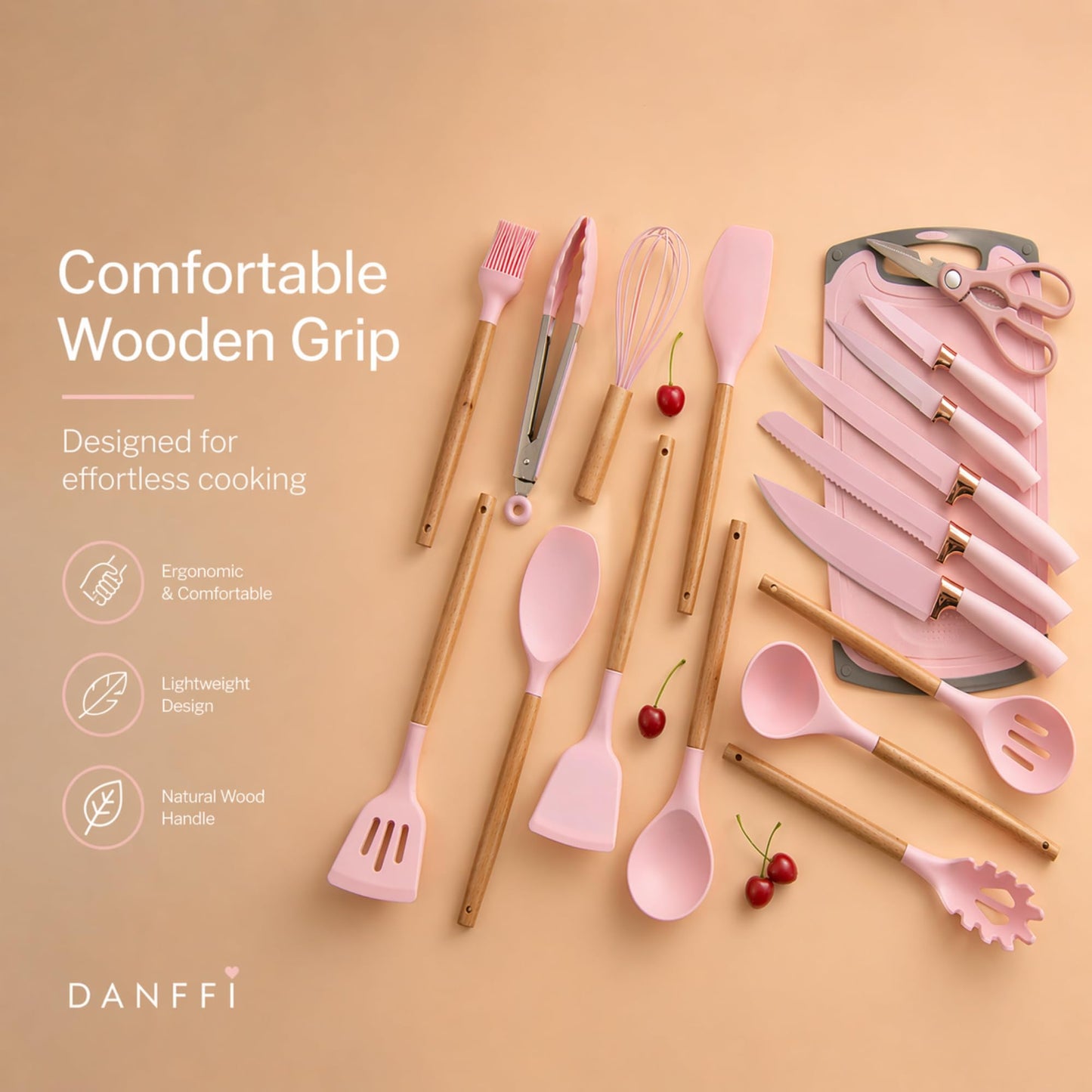 19-Piece Pink Kitchen Set for First Apartment - Complete Silicone Cooking Utensils with Wooden Handles, Pink Knife Set, Cutting Board & Holder - All-in-One Kitchen Starter Kit for New Home, BPA-Free