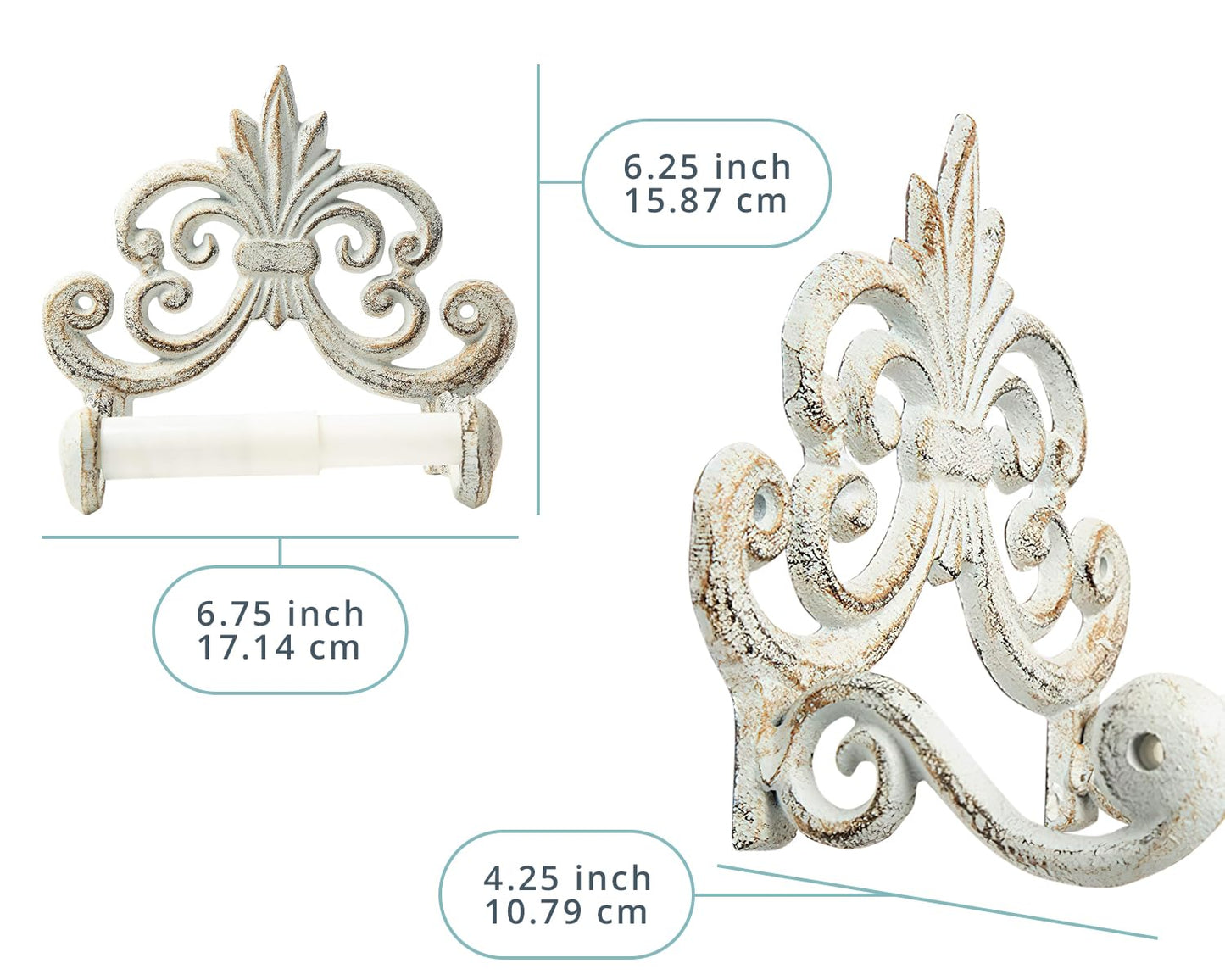 Comfify Fleur De Lis Cast Iron Toilet Paper Holder – Wall Mounted Tissue Dispenser – European Vintage Design – 7.28" x 6.29" x 3.74" – Includes Screws and Anchors – Antique White